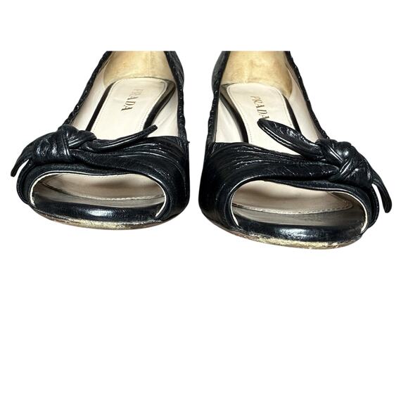 PRADA Peep Toe Heels Women 37.5 Black Leather Classic Luxury Vintage Pinup Logo - Picture 4 of 16